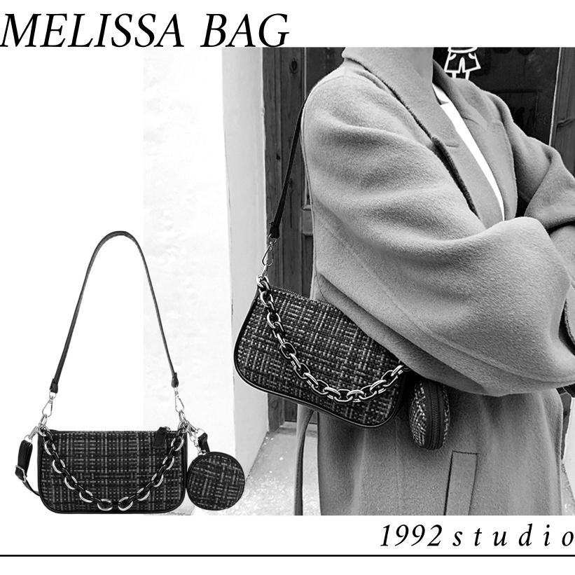 Túi xách nữ / 1992 s t u d i o/ MELISSA BAG/ da phối vải tweed caro