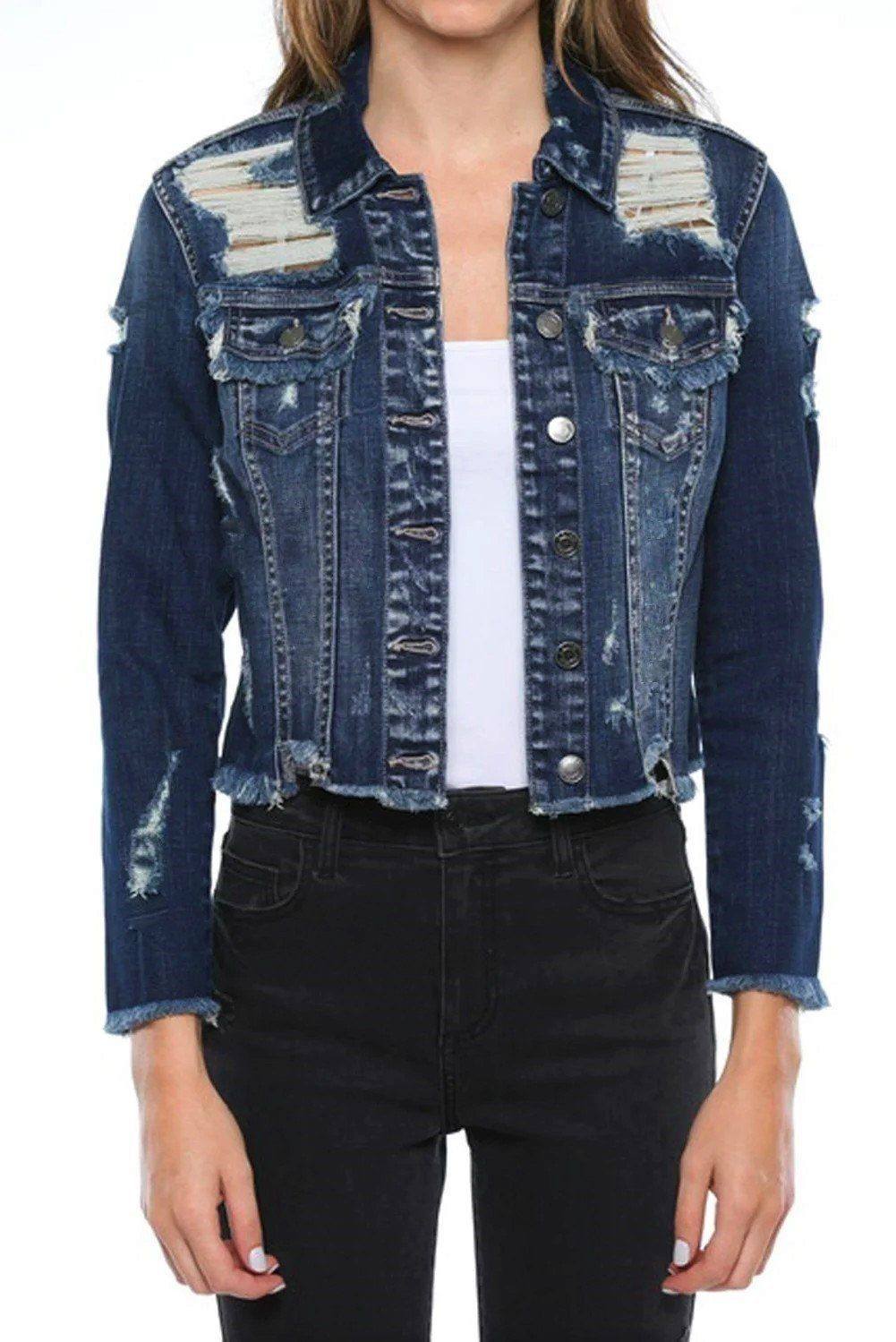 Khoác Jeans Cropped denim jacket Cell() Jeans dành cho Nữ. Chất jeans mềm, co giãn thoải mái. Không nón, Xanh đậm, Rách nhhiều 113/120