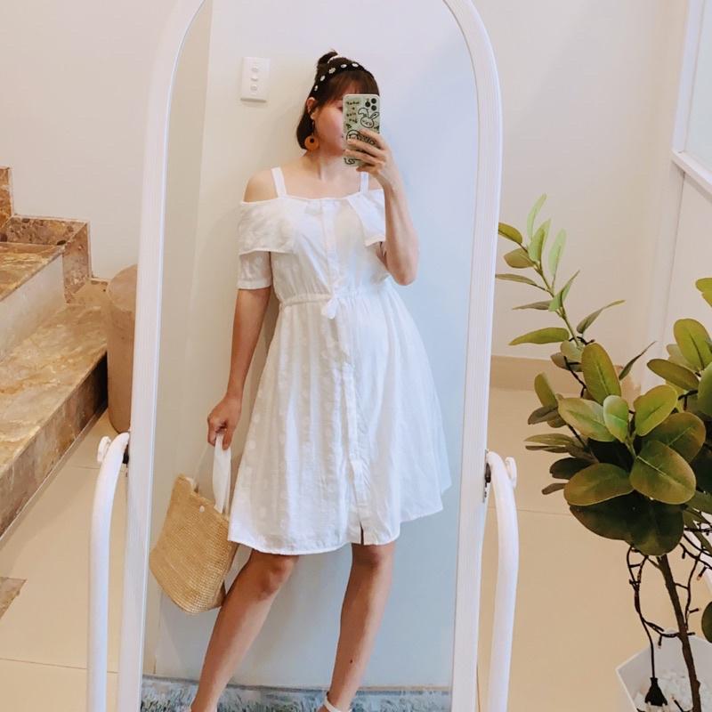 Đầm trắng hai dây bảng to trễ vai siêu cưng - Freesize 40kg-50kg
