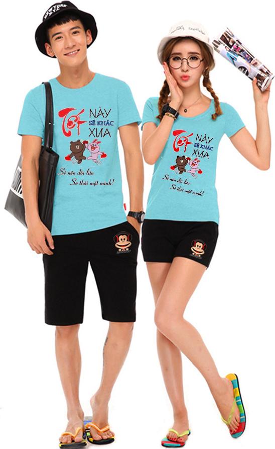 Bộ Áo Thun Đôi Nam Nữ Tết Này Sẽ Khác Tết Xưa Màu Xanh Thiên Thanh - M - S