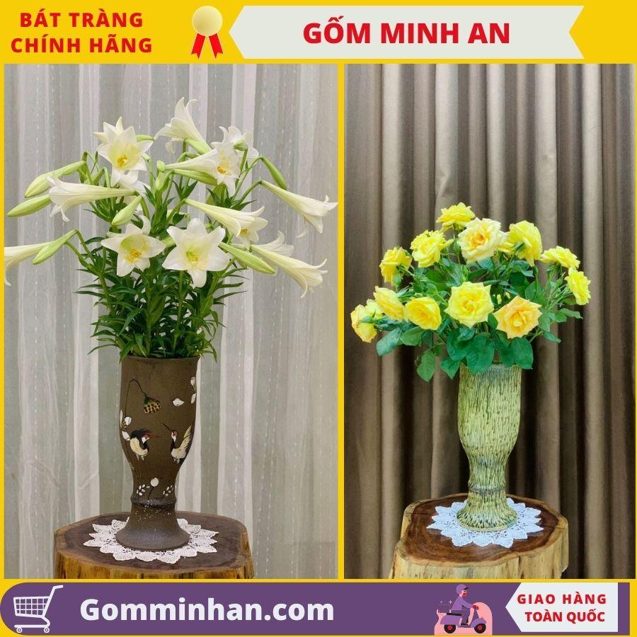 Bình Hoa Lọ Hoa Dáng Cao Gầy Men Mộc Vẽ Hoa Văn - Gốm Sứ Bát Tràng- Gốm Minh An- Lọ Hoa Đẹp