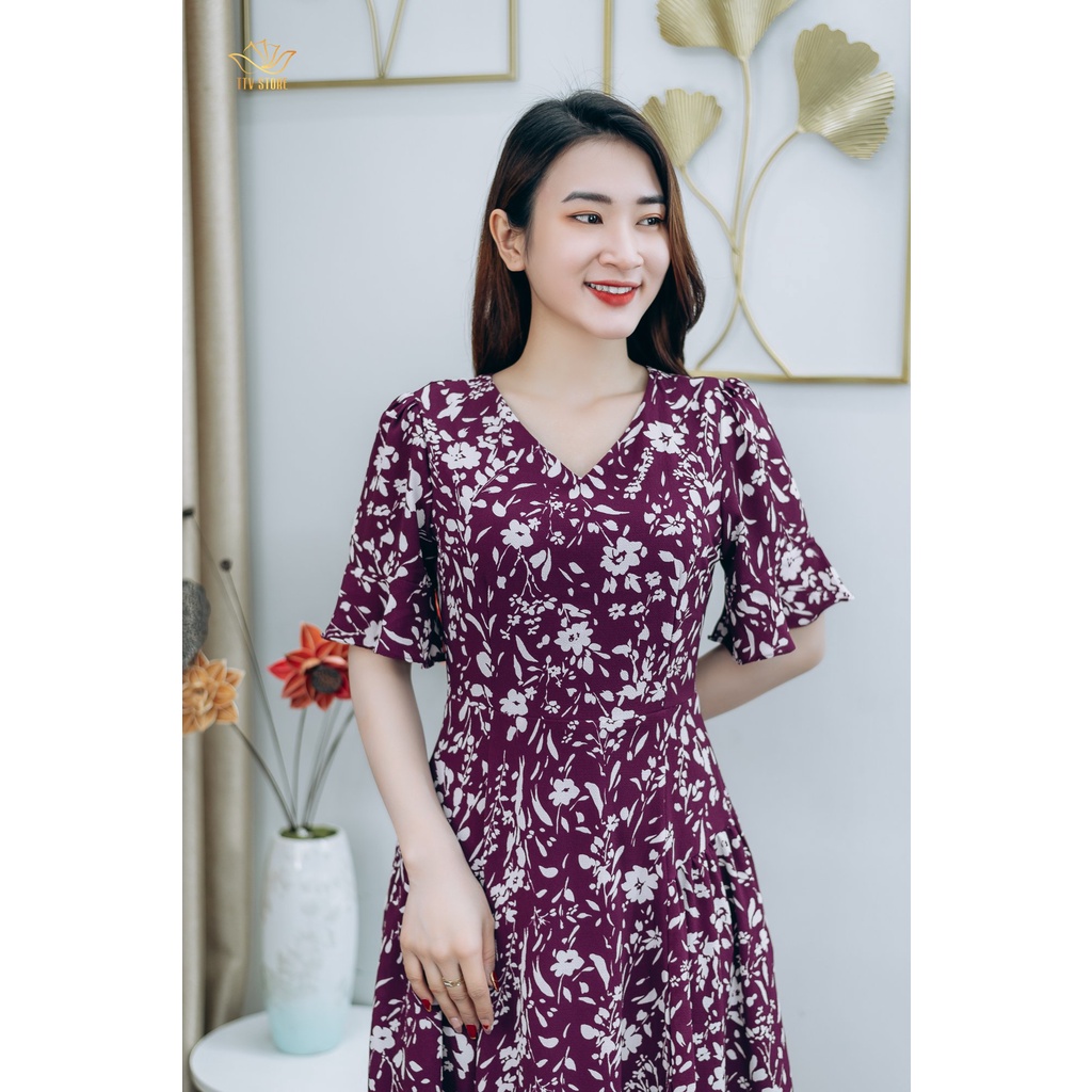 Đầm xòe thiết kế trung niên sang trọng Cổ tim tay chuông màu Tím hoa trắng TTV STORE TTV1257