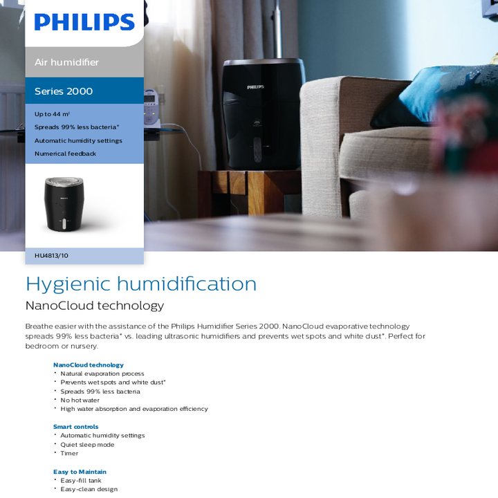 Máy tạo độ ẩm Philips HU4813/00 bình chứa nước 2 lít, tốc độ tạo độ ẩm 300ml/h - Hàng Nhập Khẩu