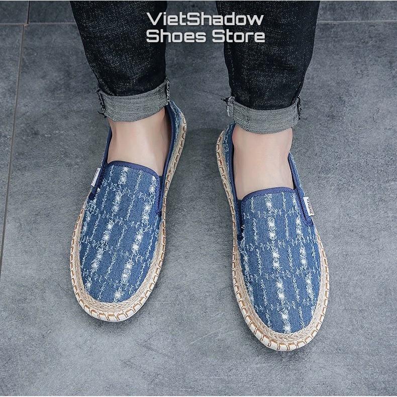 Slip on nam - Giày lười vải mẫu mới 2022 - Chất liệu vải bò rách 2 màu đen và xanh dương - Mã 895