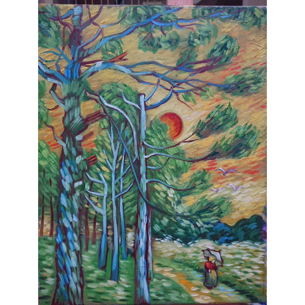 Hoàng Hôn Dưới Rừng Thông - Tranh Sơn Dầu Vẽ Tay 40x50cm
