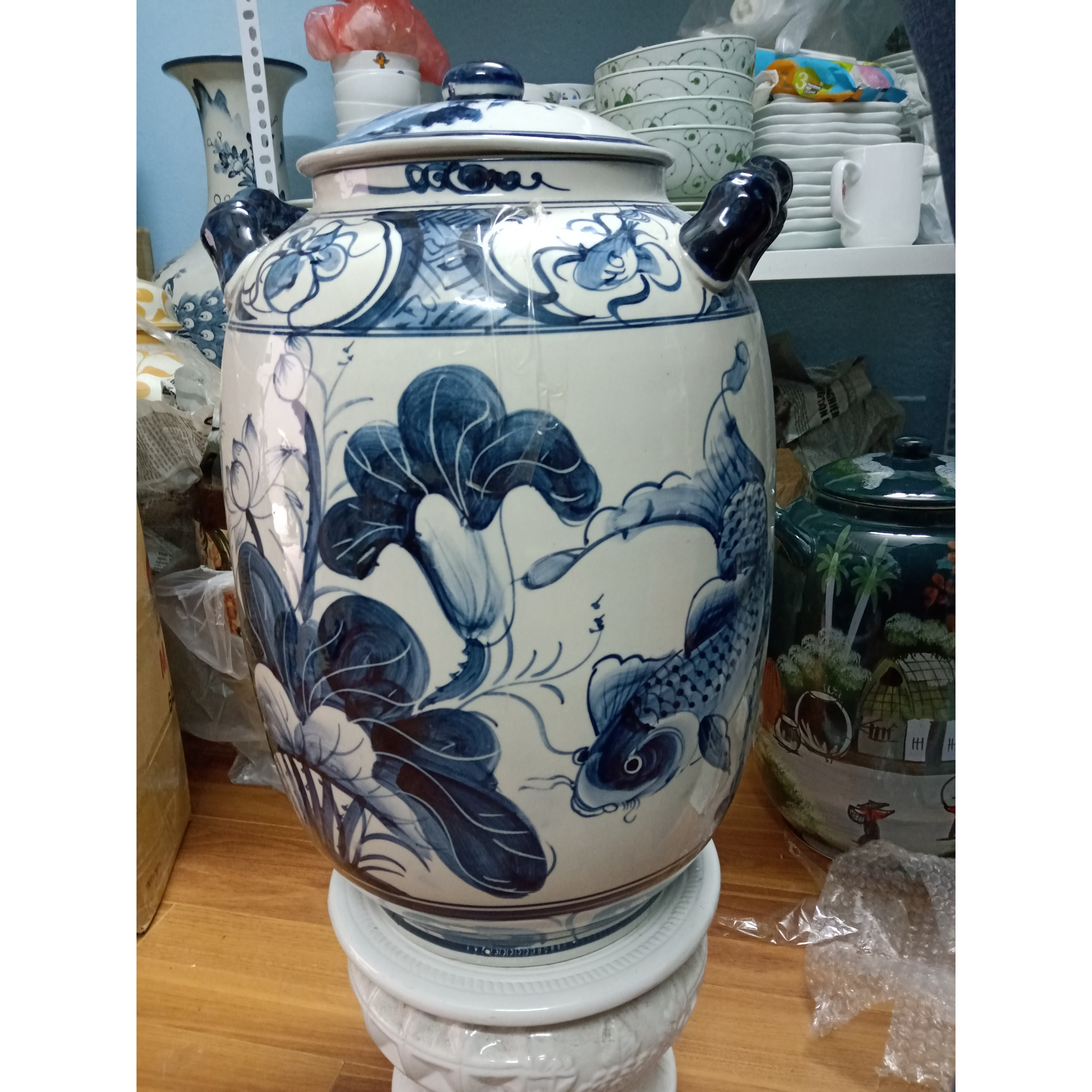 Hũ đựng rượu gạo Bát Tràng vẽ cá chép loại 20L