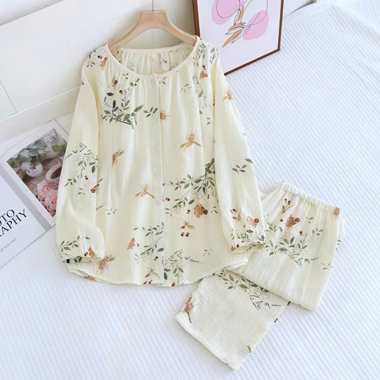 Bộ Đồ Bầu Và Sau Sinh Dài Tay Có Khe Mở Cho Con Bú Chất Liệu Xô Muslin M6