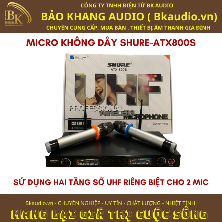 Micro không dây ATX800S. Sản phẩm đến từ thương hiệu SHURE. Hai tầng số UHF loại tạp âm. Msp : SPM-03