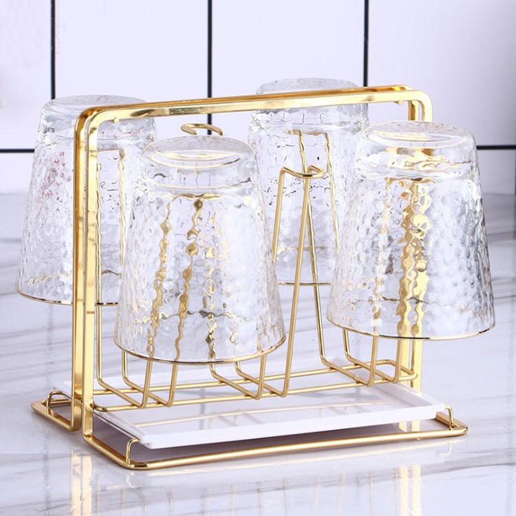 Khay úp ly Inox SUS 304 cao cấp không gỉ mạ vàng Titan tinh xảo sáng bóng - giá úp cốc có khay hứng nước dạng chữ nhật