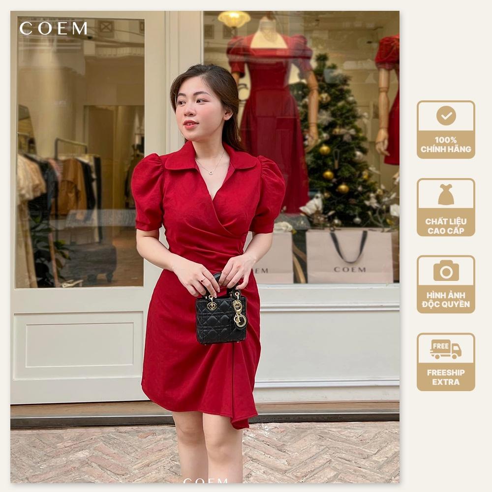 Váy Sơ Mi Công Sở Thắt Eo Lệch Tay Phồng Màu Đỏ CO EM Chất Liệu Linen Premium Thấm Hút Tốt Phù Hợp Đi Làm Đi Chơi