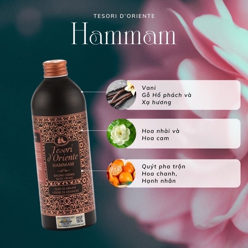 Sữa Tắm Tesori D'Oriente HAMMAM Tinh Dầu Argan Chính Hãng ( Tuýp 250ml - Chai 500ml kèm vòi nhập khẩu trực tiếp từ Ý )