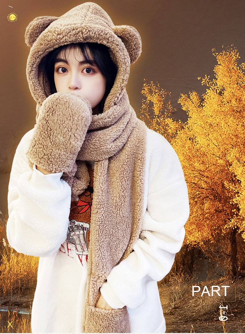 Mũ khăn quàng cổ mũ lông gấu có găng tay thời trang siêu dễ thương giữ ấm dành cho nữ