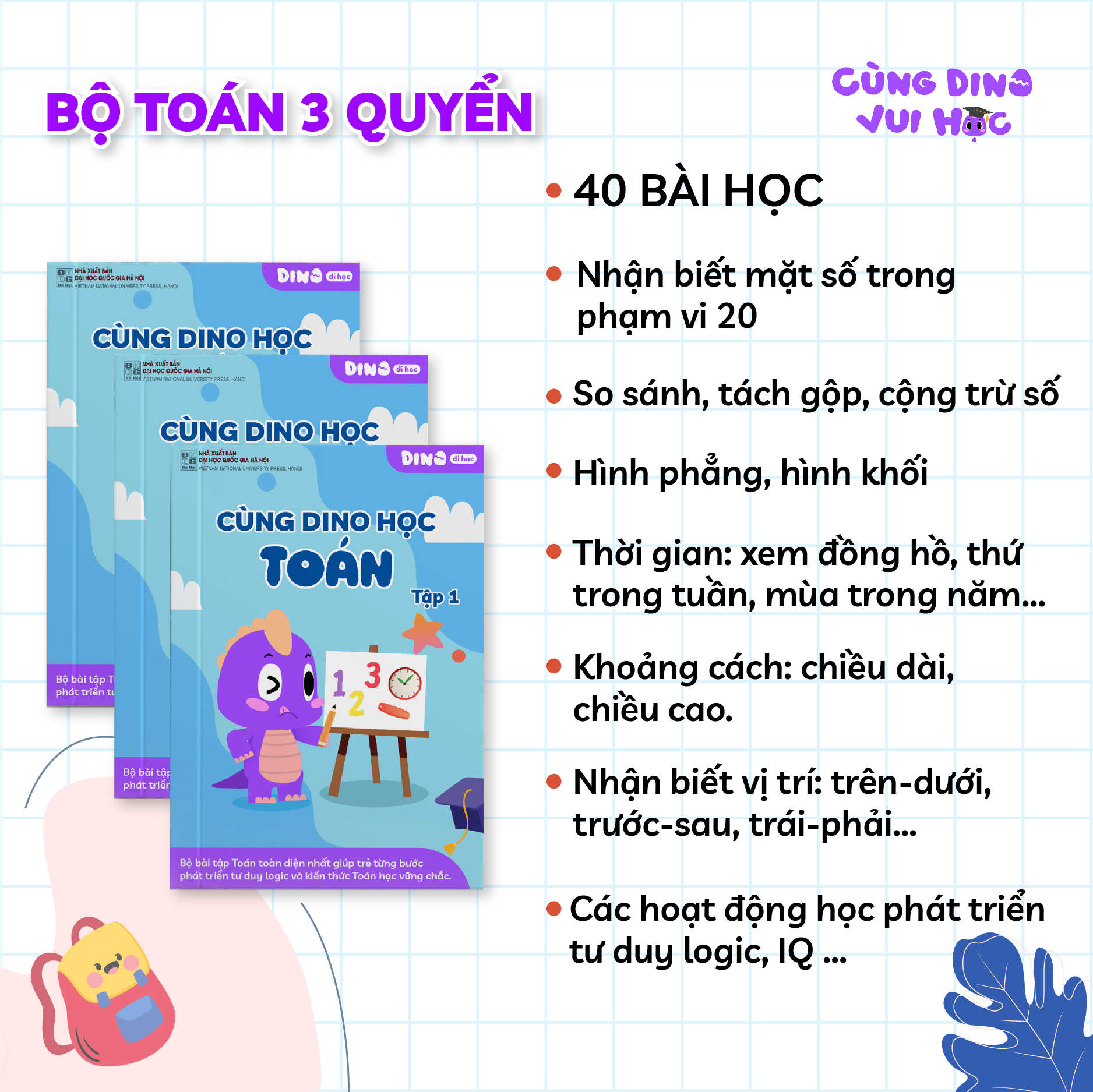 Sách bổ trợ Dino Đi Học - Cùng Dino học toán Tập 1, 2, 3 cho trẻ từ 3-6 tuổi