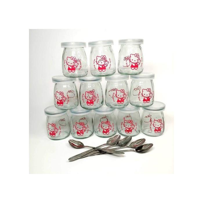 COMBO 12 hũ sữa chua thủy tinh + 12 thìa inox cán hoa loại đẹp
