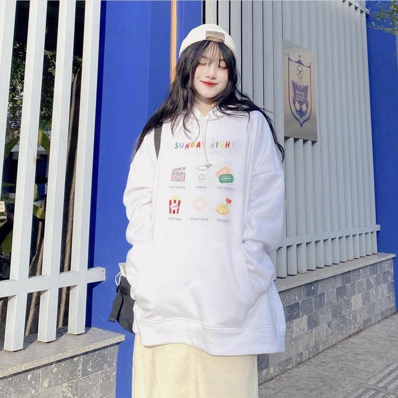 ÁO HOODIE SWEETIE SUNDAYNIGHT, In Hình Thêu TO Form Rộng Hàn Quốc, Áo Hoodie Freesize Nỉ Dày Mềm Mịn Dễ Thương