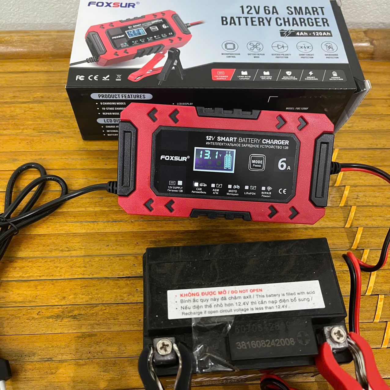 Bộ Sạc Ắc Quy FOXSUR 12V 6A Hàng Nhật – Sạc Thông Minh 10 Giai Đoạn, Khử Sunfat, Tự Động Ngắt Cho Ắc Quy 4AH - 120AH