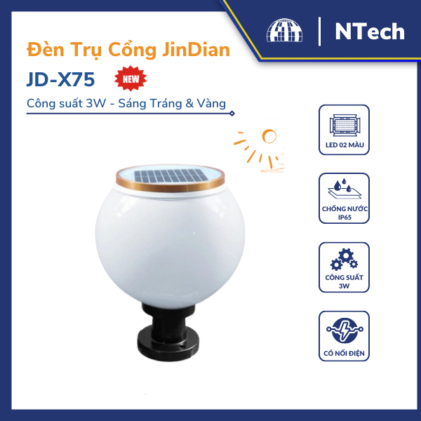 Đèn trụ cổng năng lượng mặt trời JD-X70/JD-X75 | 6V 3W | Ánh sáng trắng/vàng | Mẫu mới 2025