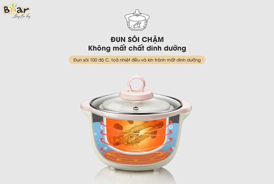 Nồi Ninh, Hấp, Nấu Cháo, Nấu Đồ Ăn Dặm Cho Bé 6 Trong 1 BEAR SUBE002 Có Lồng Hấp Dung Tích 1.6L Công Suất 200W - Hàng Chính Hãng - Hàng Chính Hãng