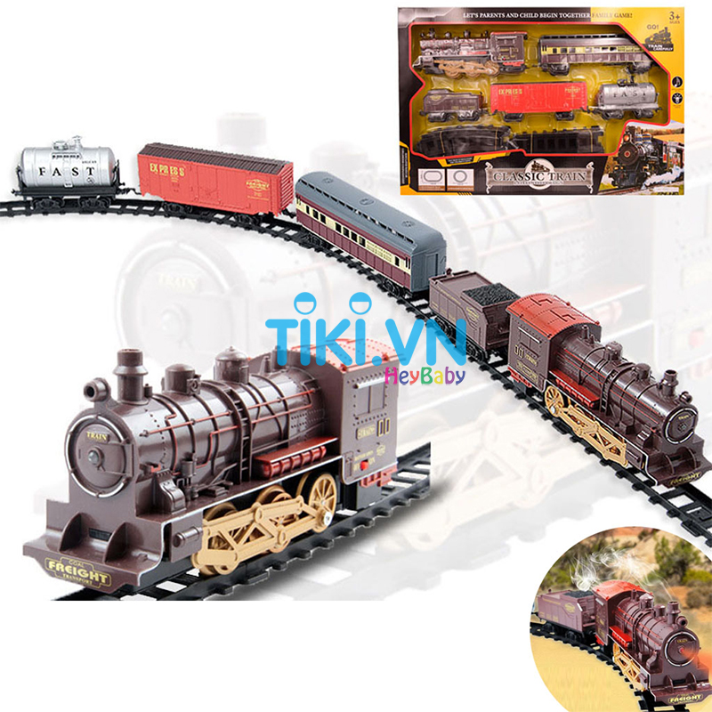 Bộ Đồ Chơi Tàu Hỏa Chạy PIN, 5 Toa , Cỡ Lớn Có Nhạc, Đèn, Khói Mô Phỏng Và Đường Ray, Mẫu Mới Chất Lượng Cao