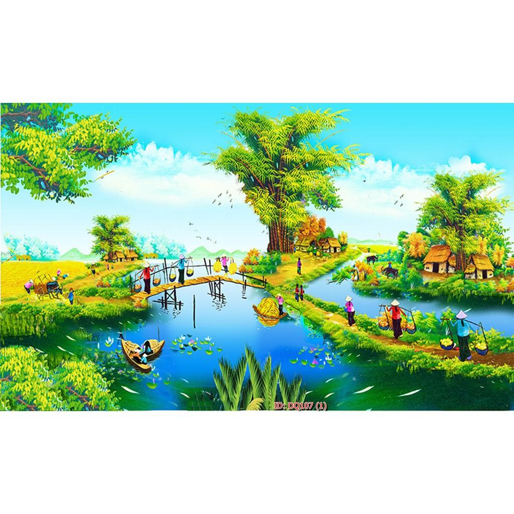 Tranh đồng quê những buổi chợ nhộn nhịp, tranh dán tường 3d hiện đại - tích hợp sẵn keo