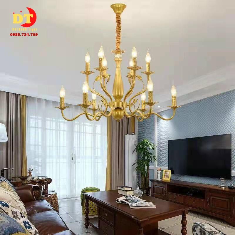 Đèn chùm nến phòng khách hiện đại 12 tay màu vàng phong cách bắc âu DQM