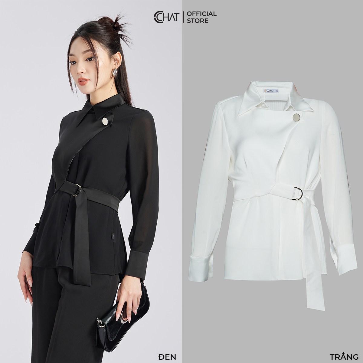 Áo Sơ Mi Nữ Kiểu Dập Ly Tà Bong Kèm Phụ Kiện Chất Chiffon Cao Cấp 53FDH8016ST