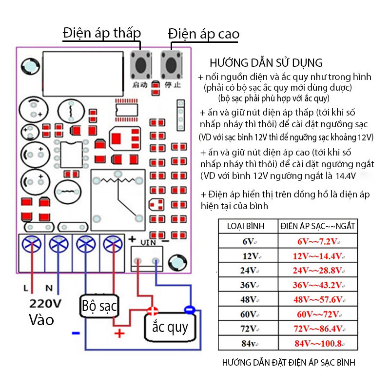 Module mạch kiểm soát và điều khiển tự động sạc bình ắc quy YX-X2086 điện áp 3.7V-120V