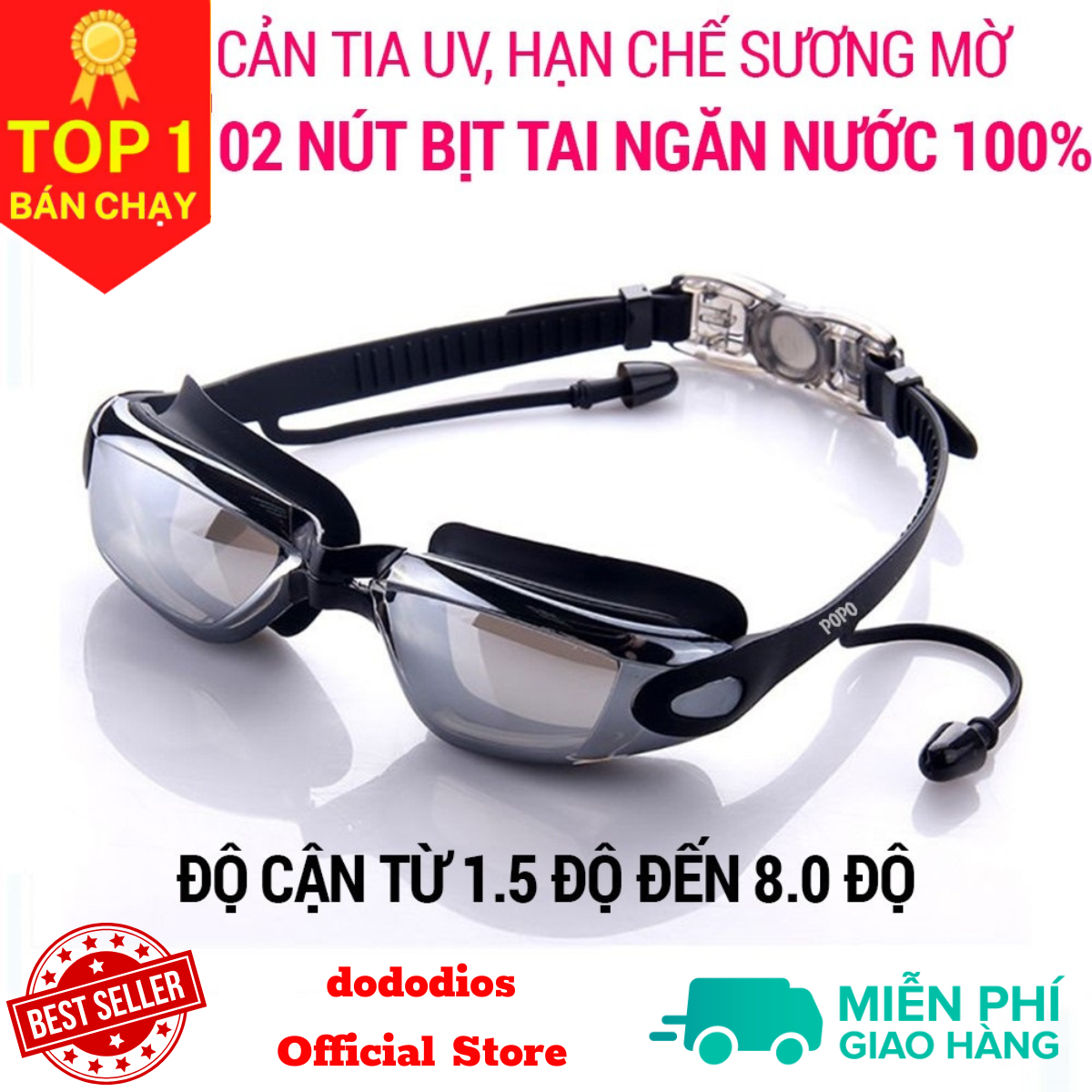 Kính bơi cận thị có độ cận từ 1.5 đến 8.0 mắt tráng gương chính hãng dododios cho người lớn, trẻ em, cho bé từ 8 tuổi, kính bơi cận thị người lớn, kính bơi cận thị cho người lớn