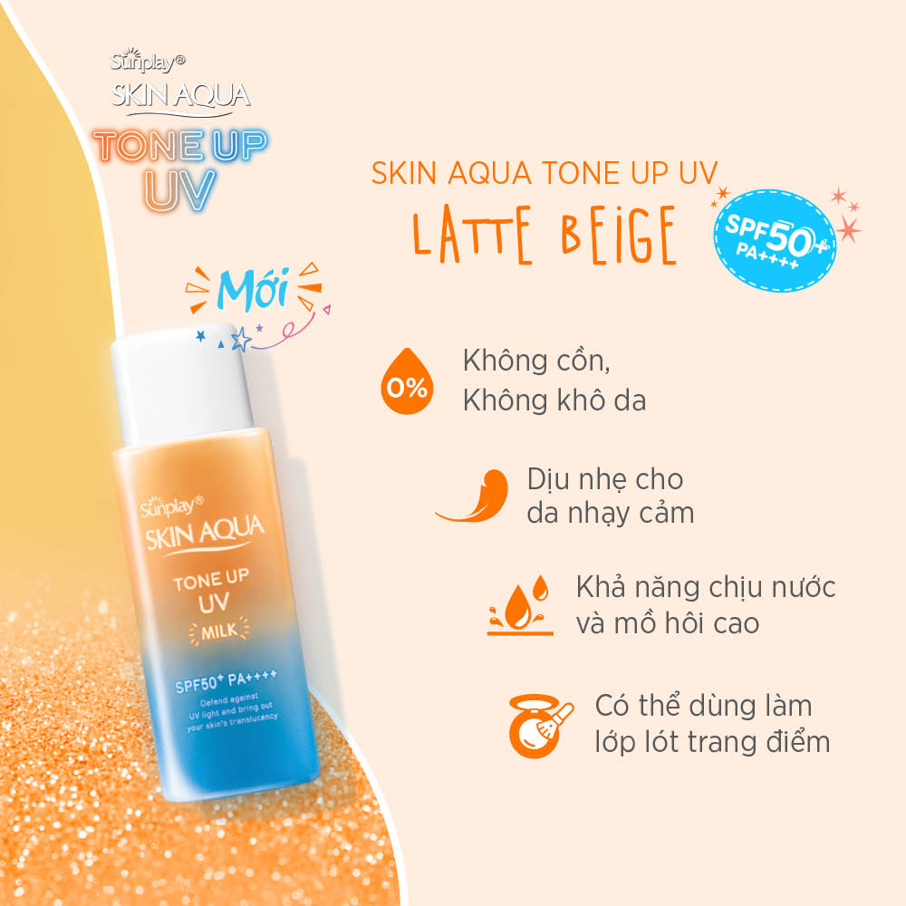 Kem chống nắng nâng tông Skin Aqua Tone up Latte Beige cho mọi tông da, dạng tinh chất Sunplay Skin Aqua Tone Up UV Essence Latte Beige SPF 50+ PA++++ 50g