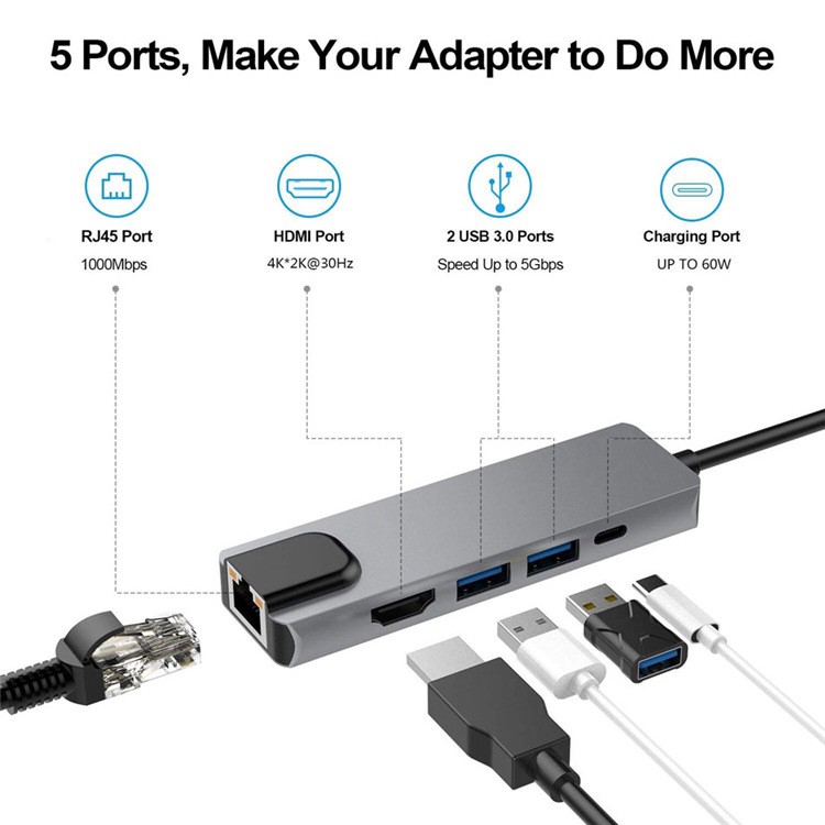 HUB Type C và HUB USB 3.0 - Cổng chuyển đổi HUB USB Type-C - USB 3.0 to HDMI, USB 3.0, SD, TF, RJ45, PD Type-C dành cho Macbook, SamSung Dex, HP, Acer, Asus - hàng chính hãng Vinetteam