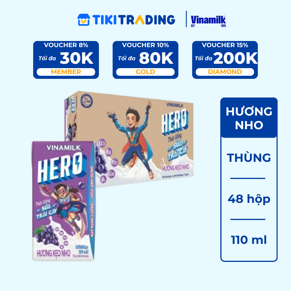 Thùng 48 hộp thức uống sữa trái cây vị kẹo nho Vinamilk Hero 110ml