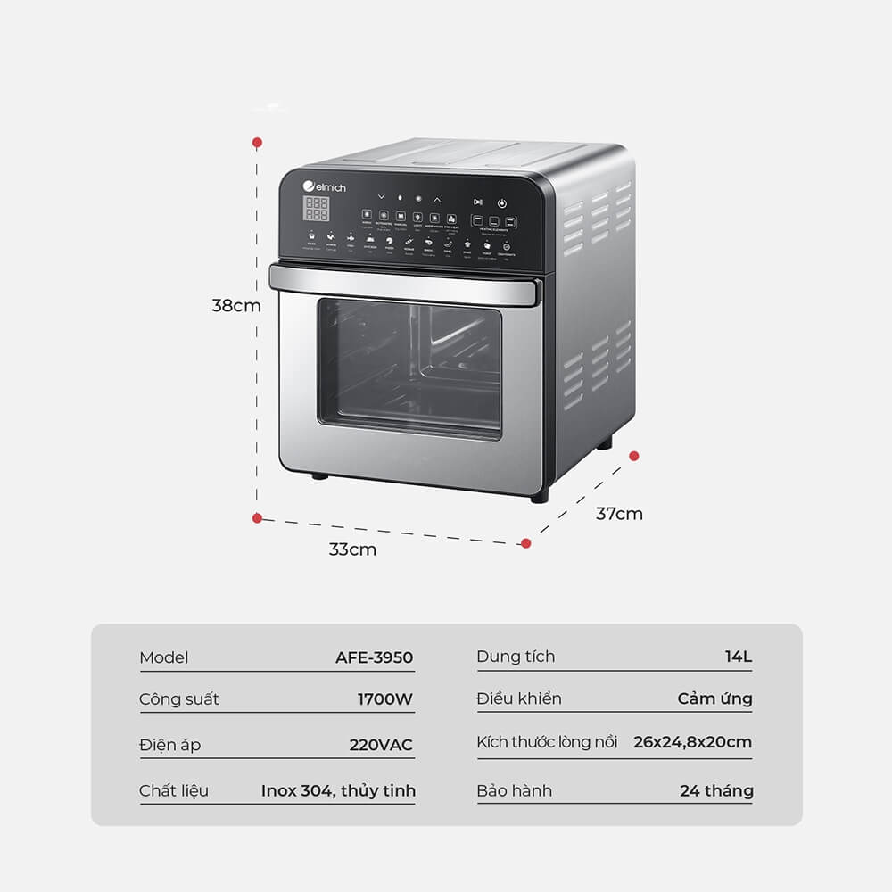 Lò chiên không dầu Elmich 14L AFE-3950 công suất 1700W điều khiển cảm ứng, kết hợp cả chiên và nướng, 11 chế độ nấu, gia nhiệt kép - Hàng chính hãng