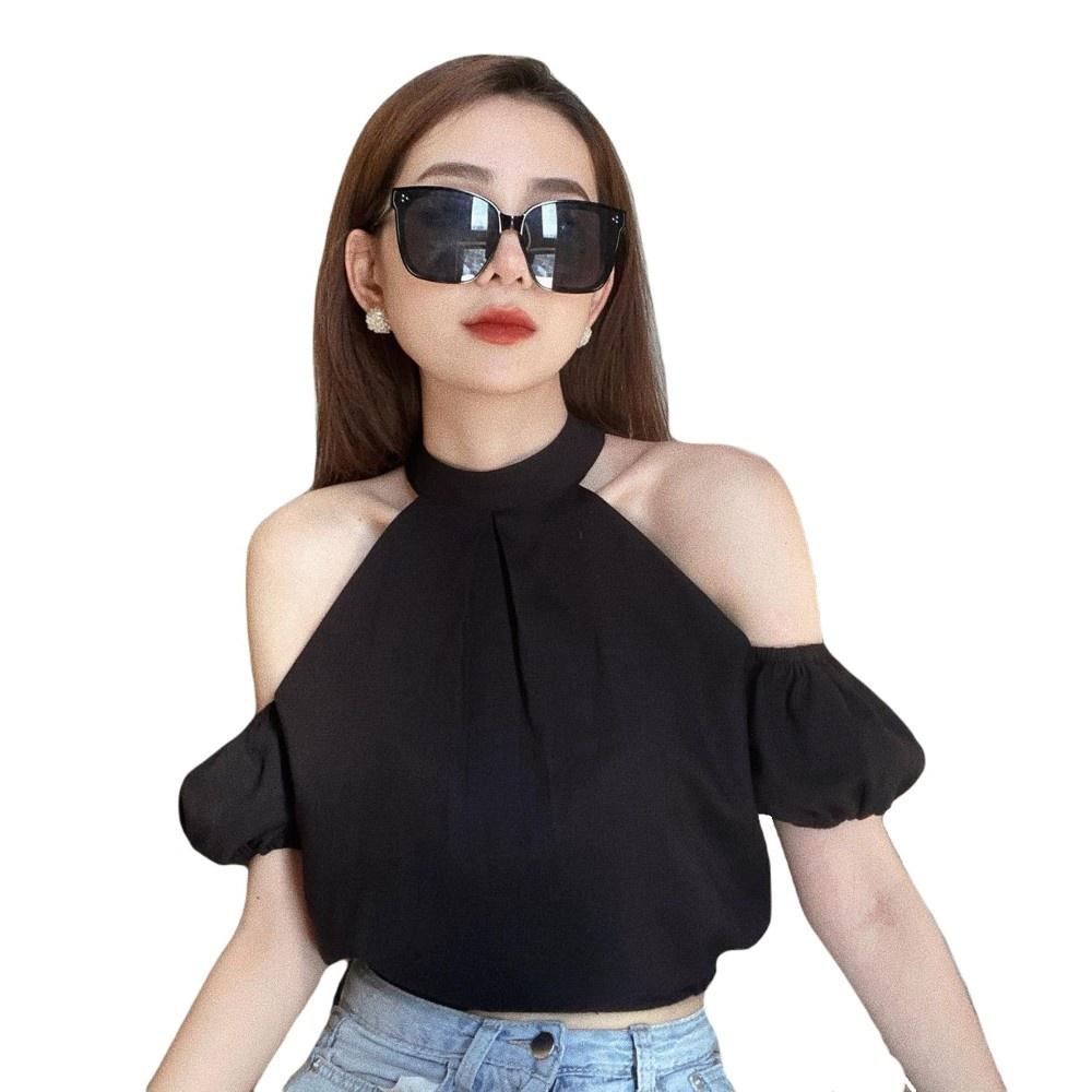Áo hở vai cổ yếm 2 lớp – Áo trễ vai tay bồng chất linen – Croptop kiểu eo bo chun