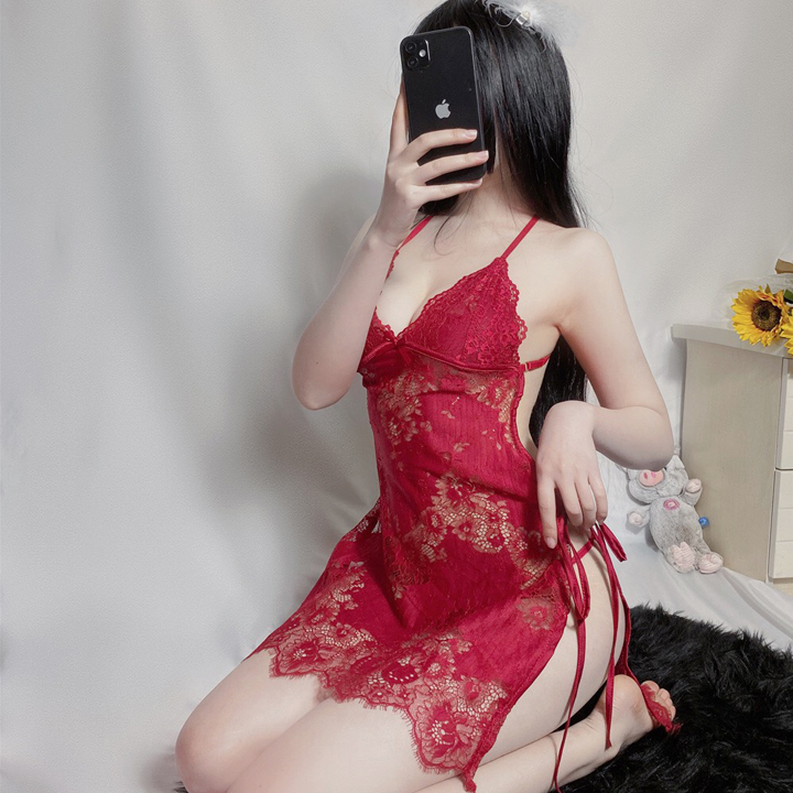 Đầm ngủ ren xuyên thấu kèm quần chip lọt khe Q48 - Váy ngủ ren cả đầm sexy gợi cảm - Đồ ngủ nữ