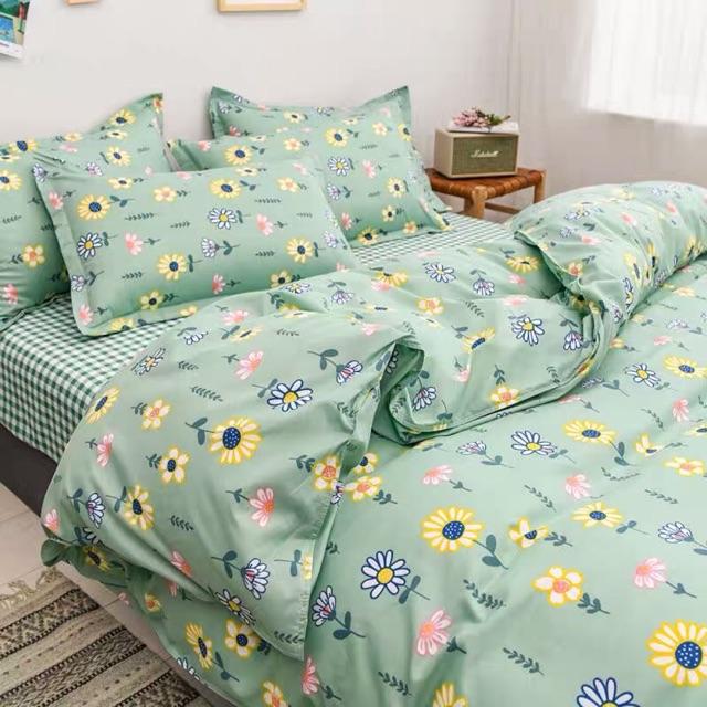 Set Chăn Ga Cúc Xanh Ga Caro Cotton Poly Cực Xinh