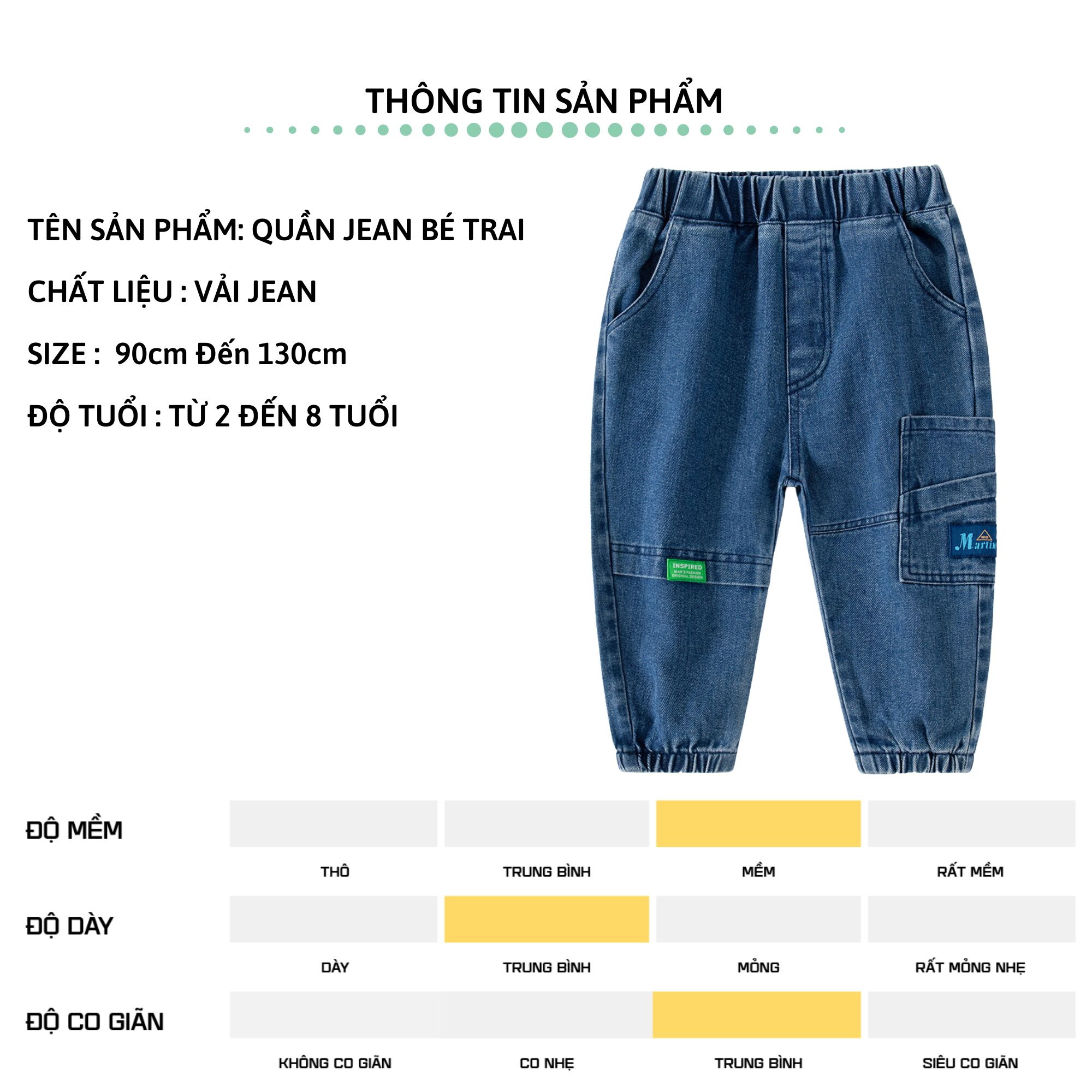 Quần jean dài bé trai 27Kids WELLKIDS quần bò mềm lưng chun nam cho trẻ từ 2-10 tuổi BLJE2