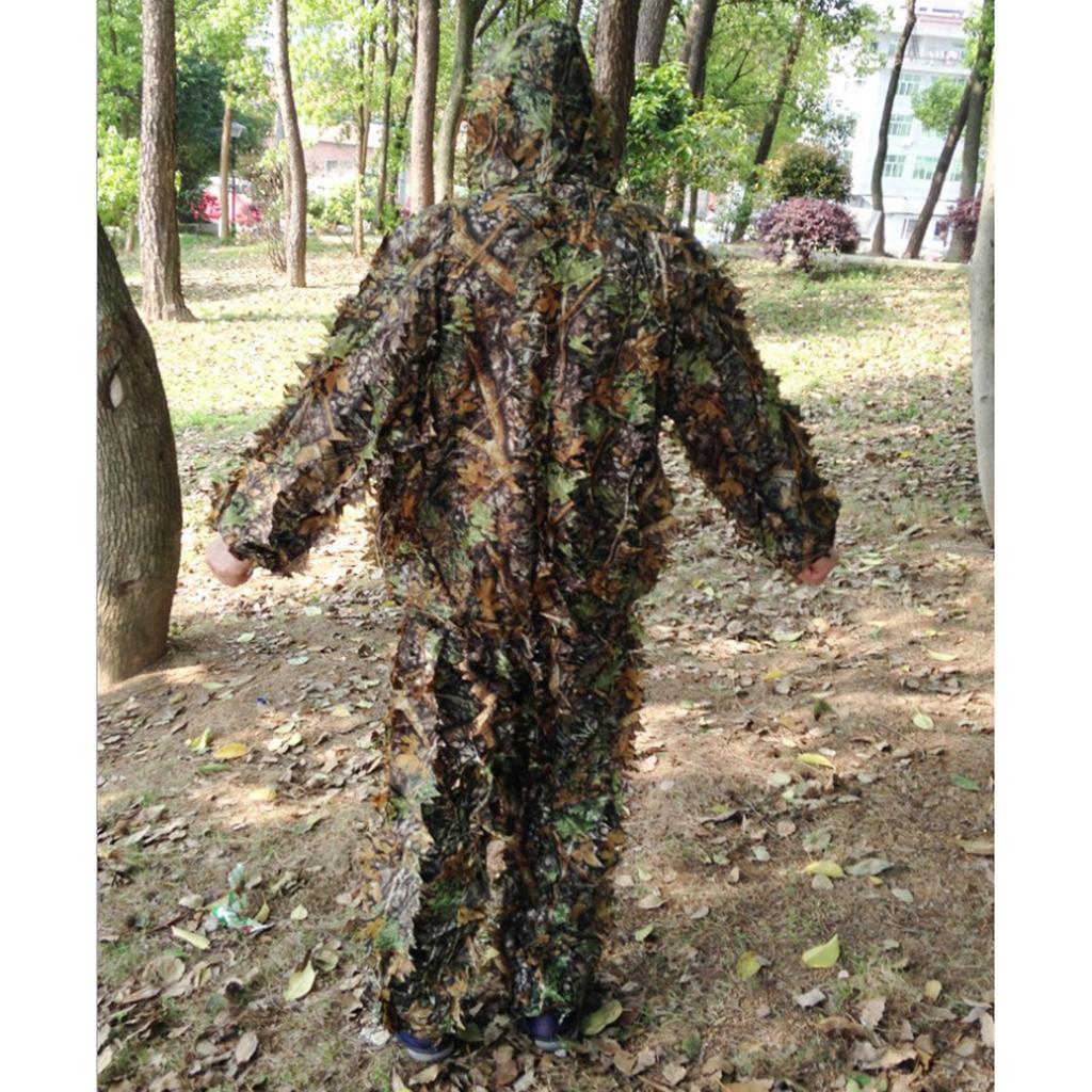 2x Breathable Leafy Camo Hooded Stretchy Ghillie Suits Clothes Jacket Pants Lightweight for Child Unisex Outdoor Hunting Shooting Wildlife Photography