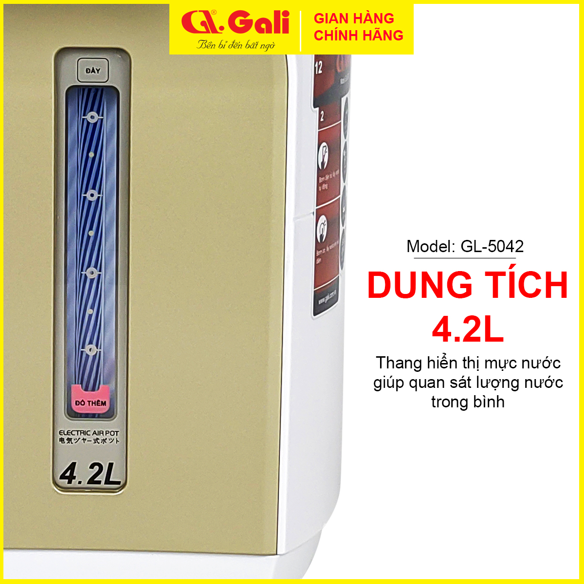 Bình thủy điện Gali GL-5042 dung tích 4.2 lít, phích cấu tạo 2 lớp thân ngoài nhựa, ruột inox 304, hàng chính hãng 100%,  bảo hành 24 tháng Gali