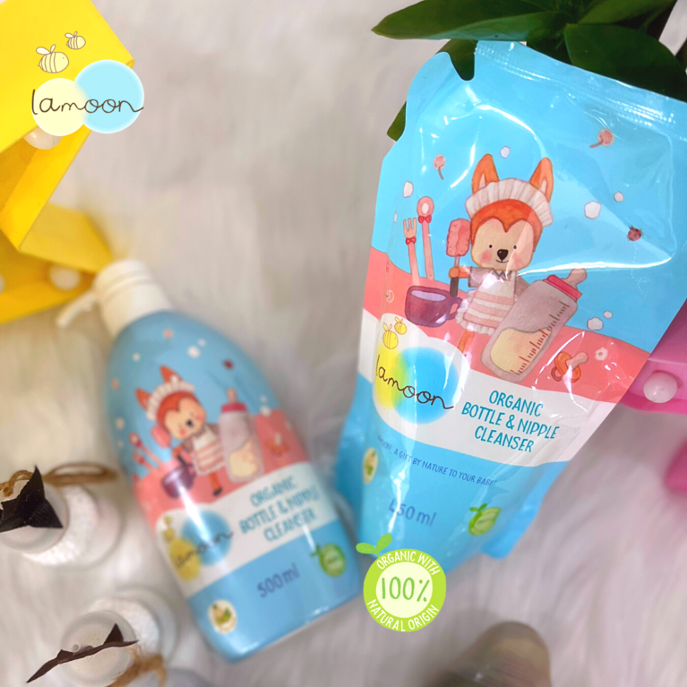 COMBO Nước rửa bình sữa Organic an toàn cho bé Lamoon dạng Bình 500ml + Túi refll 450ml