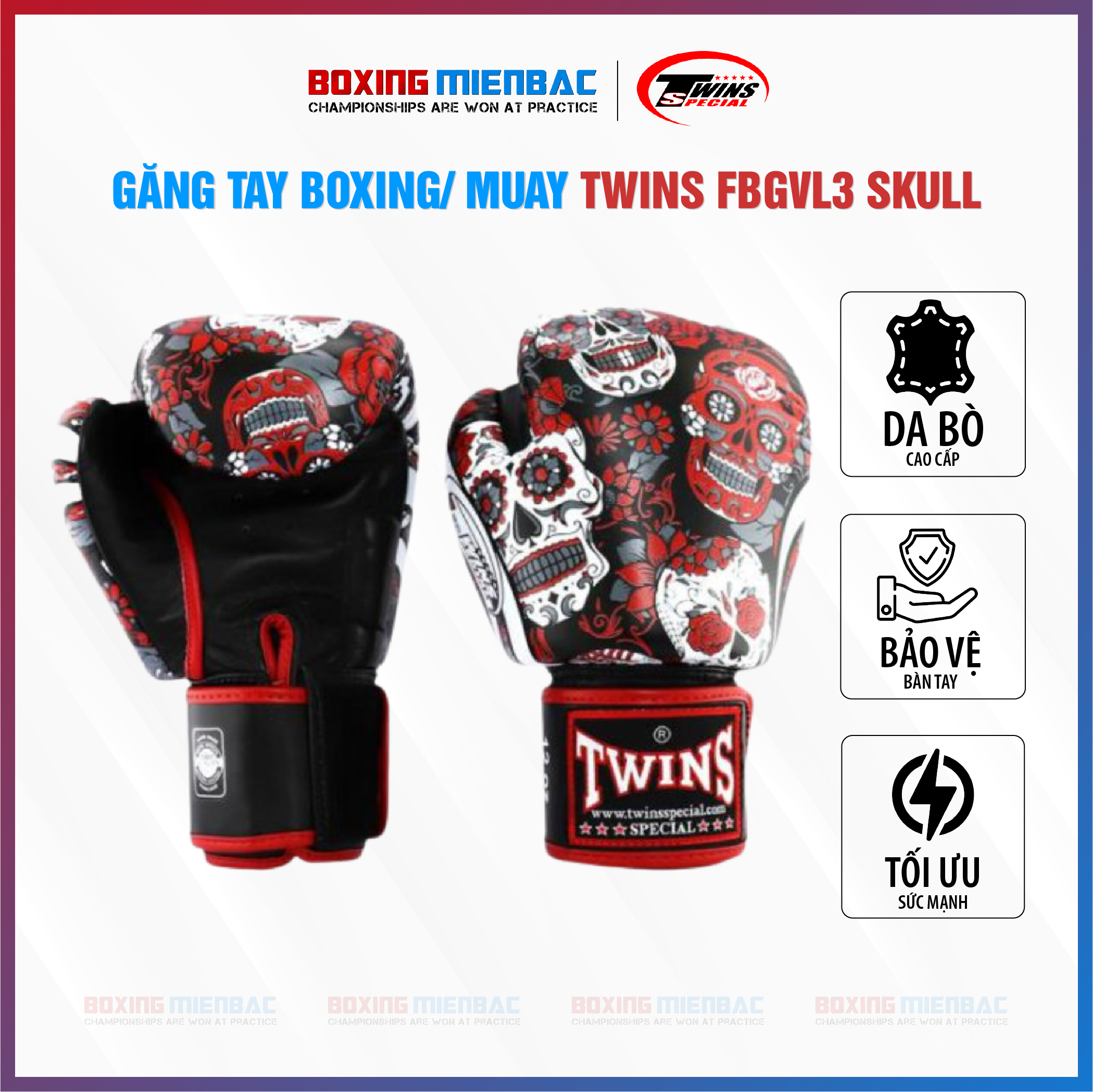 Găng Twins FBGVL3 SKULL Đỏ (Made in ThaiLand) - Boxing/ MuayThai/ Kickboxing Training