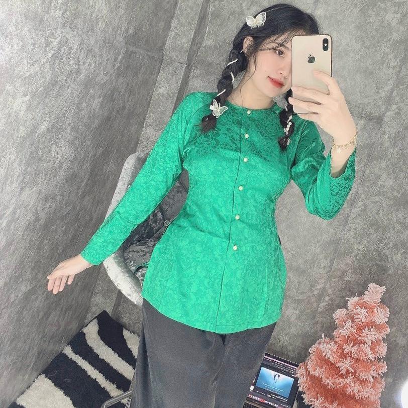 (GẤM BÀ BA cổ tròn S=2 QUẦN và ÁO BÁN RIÊNG) Bộ quần áo Phật tử, đồ lam đi chùa mẫu nữ vải gấm mã LH - Áo vàng đậm (Ko quần