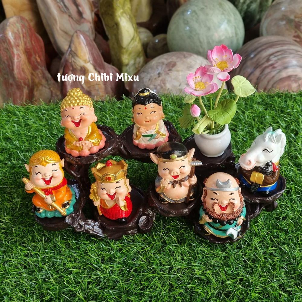 Bộ 07 tượng Tây Du Ký kèm chậu hoa sen và chân đế 08 ô y hình