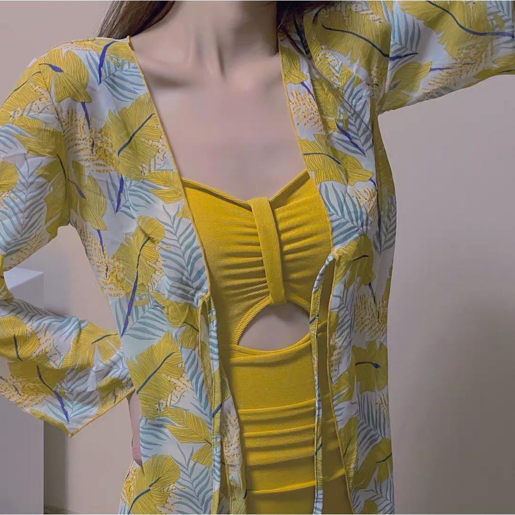 Bộ đồ bơi nữ cao cấp áo tắm đi biển 1 mảnh (HOT) với thiết kế vải gân kèm áo choàng họa tiết in bông