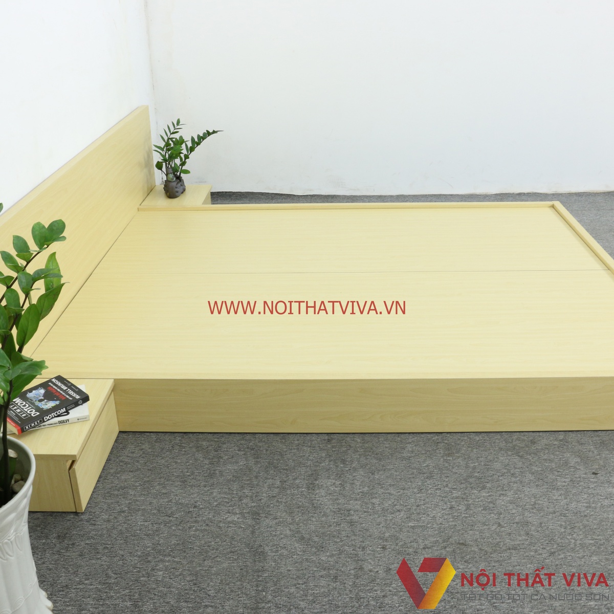 Giường Nhật Gỗ Công Nghiệp MDF Melamine Màu Vàng Kem Đẹp Hiện Đại