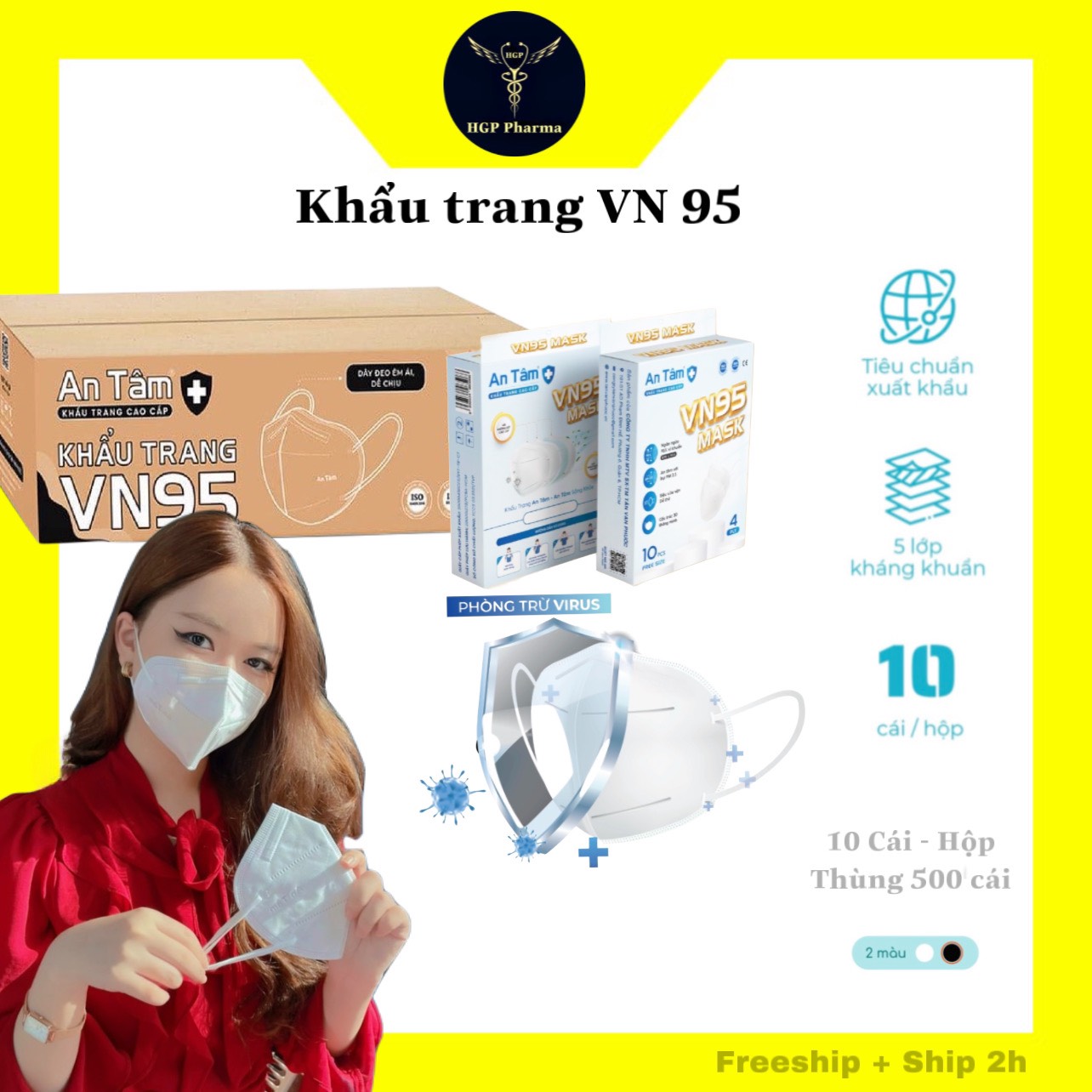 Khẩu trang y tế VN95 an tâm, Lẻ 10 cái. sỉ thùng 500 cái, kháng khuẩn chống virus Corona chủng BA5, chuyên dụng cho bệnh viện