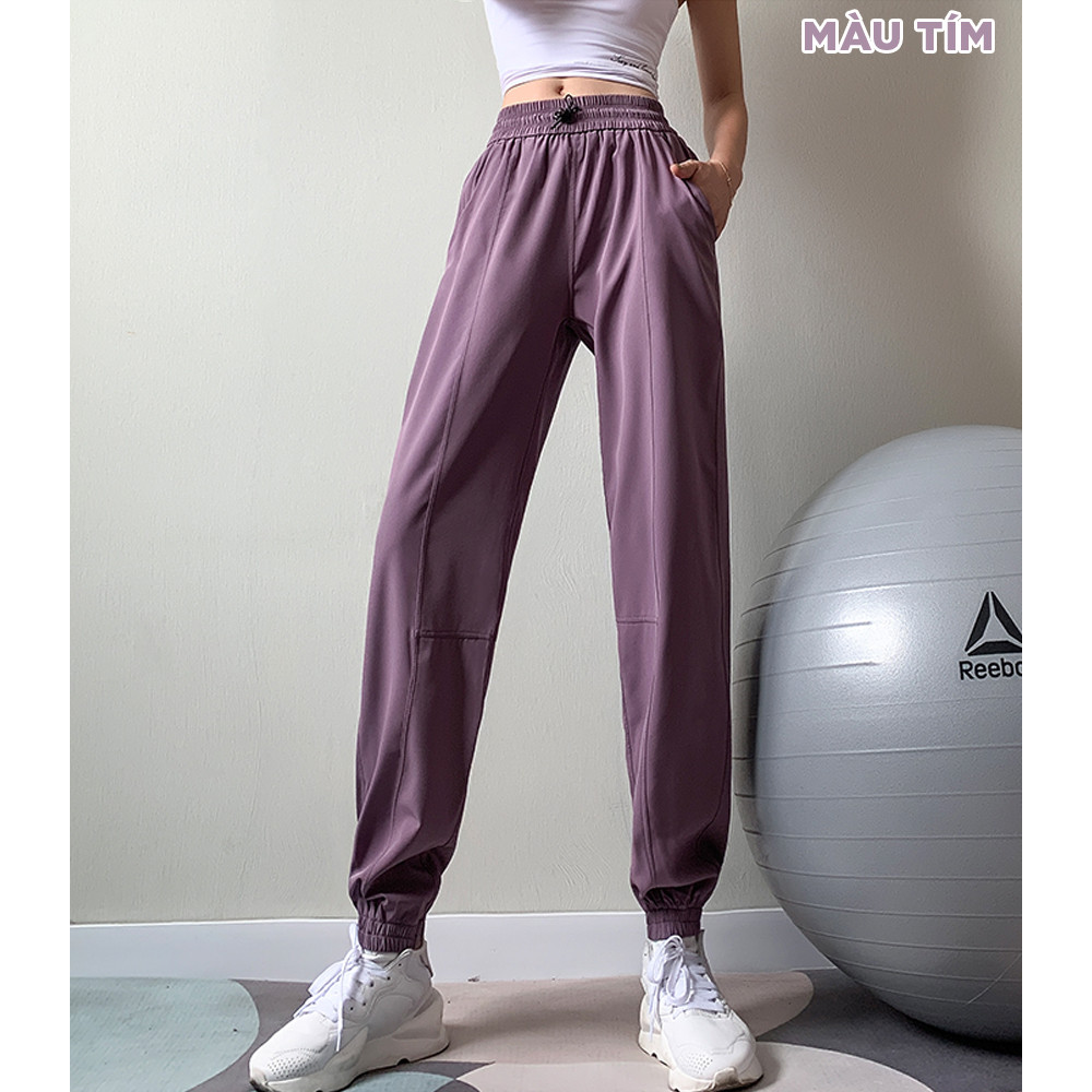Quần jogger tập gym nữ GYMI QJ06 dáng rộng chất gió giấy mịn thoáng mát có dây rút phù hợp với tập thể thao yoga rumba chạy bộ – M – tím
