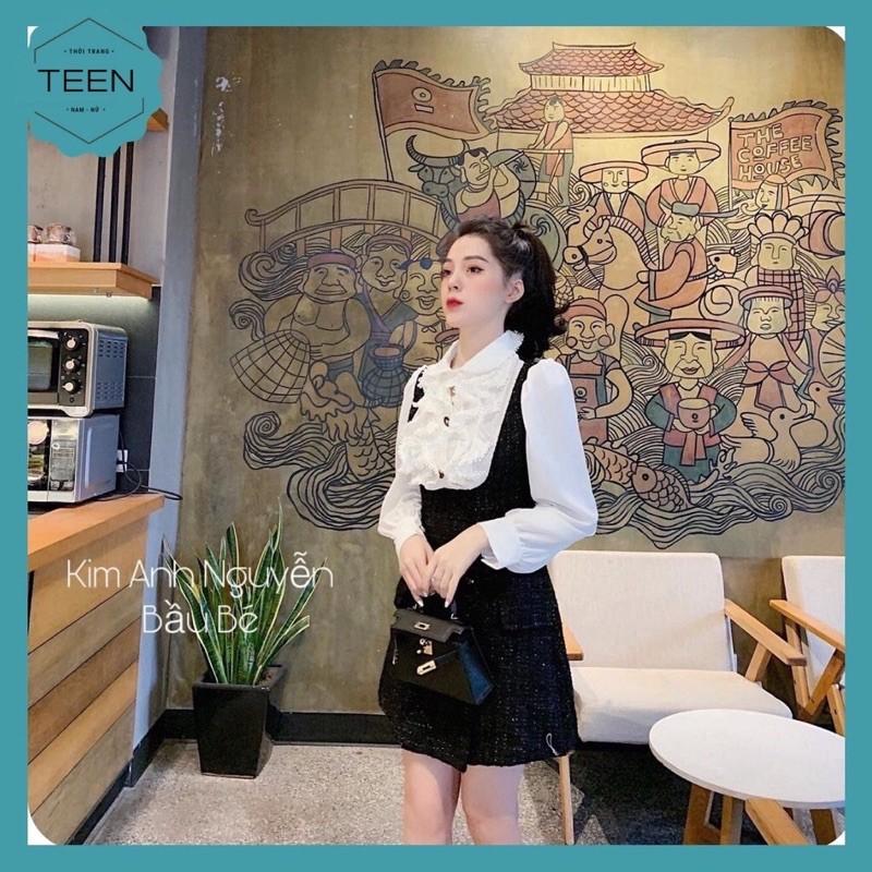 Sỉ Váy dạ kẻ ngang - cổ bèo đính cúc , váy tiểu thư có ảnh thật