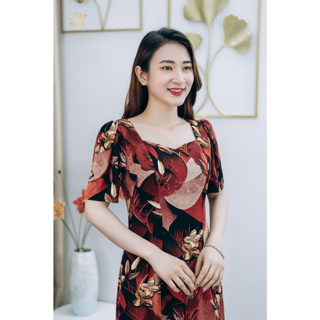 Đầm 6 mảnh thiết kế trung niên sang trọng quý phái Cổ vuông tay ngắn màu Đen hoa đỏ TTV STORE TTV1256