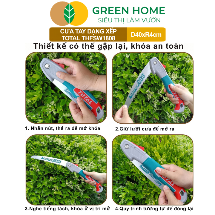 Cưa Tay Dạng Xếp Total THFSW1808 GreenHome, Lưỡi Thép SK5 180mm, Răng Cưa 3 Cạnh, Bền Bỉ, Gấp Gọn