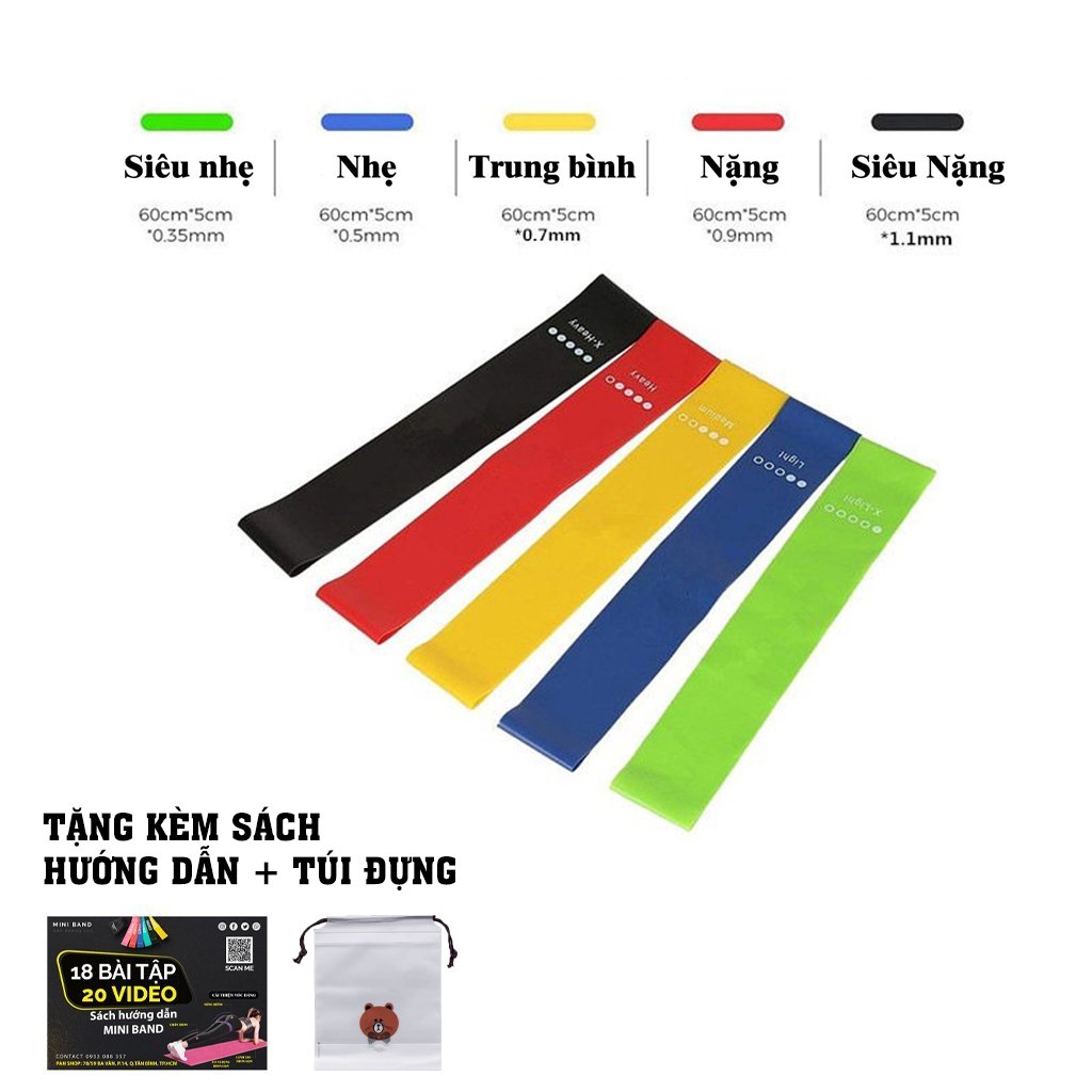 Bộ 5 dây đàn hồi tập gym, dây đàn hồi miniband tập yoga, dây đàn hồi tập thể dục, dây đàn hồi kháng lực cao cấp